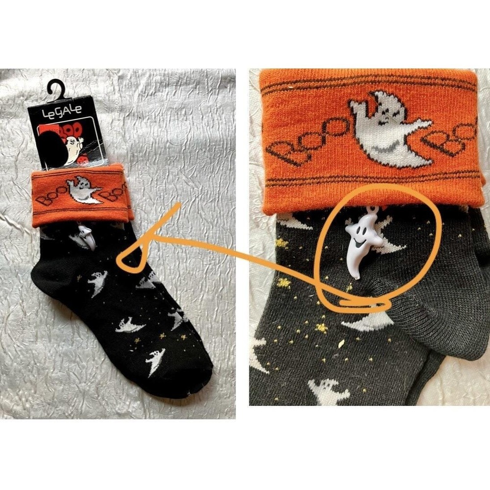 2003 LeGale Halloween Ghost Boo Socks Charm Black Orange Women Size 9-11 NWT